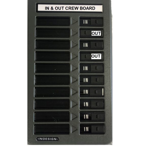 INDESIGN IN/OUT BOARD Provides additional protection and security in an emergency. It includes inserts for up to 10 names with a simple and easy to use sliding mechanism. A wall-mounting kit is included to place the board in an easy-to-use environment, and it can be easily removed from the wall for transport to a muster point in the event of an emergency.